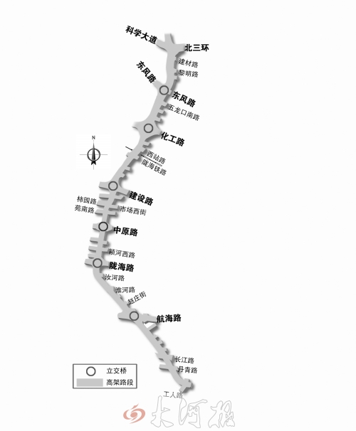 截至目前，僅剩西三環(huán)跨長(zhǎng)江路、丹青路高架橋金水河處一座箱梁尚未澆筑。