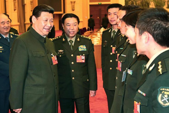 中共中央總書記、中共中央軍委主席習(xí)近平出席十二屆全國(guó)人大一次會(huì)議解放軍代表團(tuán)全體會(huì)議并發(fā)表重要講話。