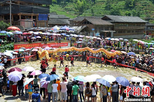 圖為當?shù)丶t瑤民眾舞起長龍祈求風調(diào)雨順。中新社發(fā) 韋吉陽 攝