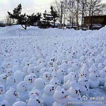 網(wǎng)傳“煙臺男子大學生堆1314個雪人表白”。微博圖
