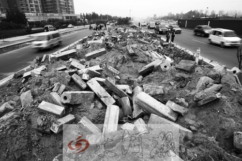 中州大道部分路段，綠化帶成了垃圾場。