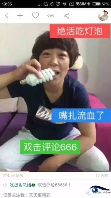 “吃貨鳳姐”直播吃燈泡。