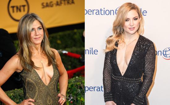 Jennifer Aniston & Kate Hudson出席重要場(chǎng)合也穿低胸裝。（圖片來(lái)源：臺(tái)灣東森新聞云）