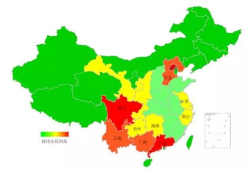 端午期間省域擁堵情況。來源：交通部聯(lián)合其他機(jī)構(gòu)發(fā)布的《2018年端午全國公路網(wǎng)出行預(yù)測(cè)報(bào)告》。