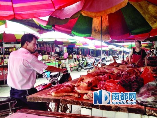  昨日，玉林垌口市場，一位市民在購買狗肉。