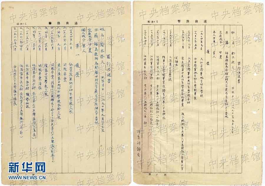 這是日本戰(zhàn)犯鈴木啟久的部分筆供原文（左圖）和鈴木啟久筆供的中文譯文（右圖）。