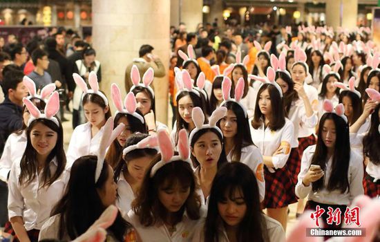 11月11日晚，一百位統(tǒng)一打扮的“兔女郎”現(xiàn)身南京新街口，逛街看電影玩快閃，走到哪里都被圍觀。